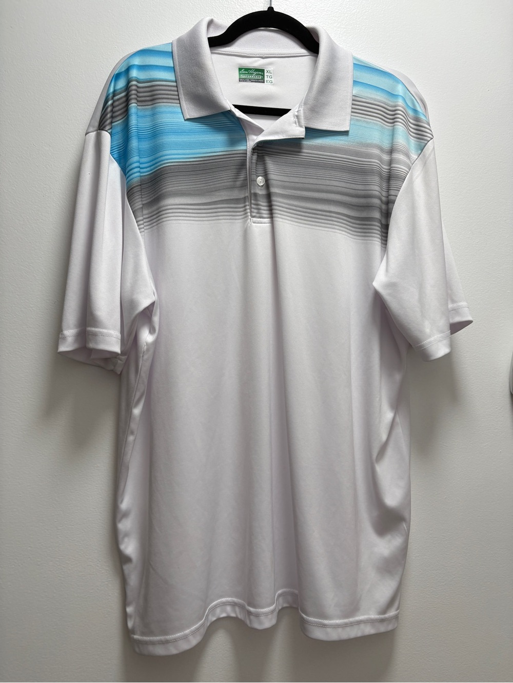 Hogan White Polo with Blue and Gray Striped Yoke